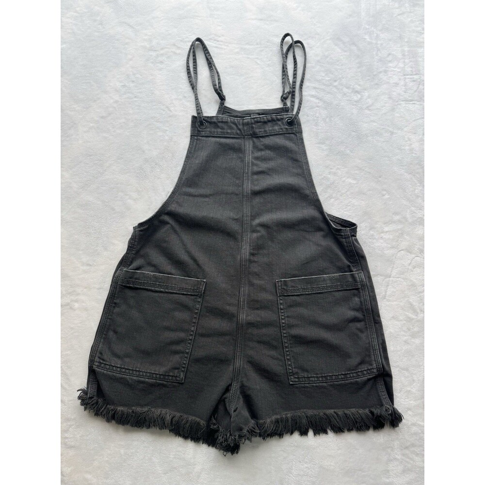 Aerie Women’s Black Denim Overall Shorts Frayed Hem Adjustable Strap Romper Size